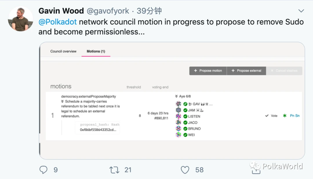 Gavin: vote Polkadots 0th referendum, remove sudo permission module after 12 hours