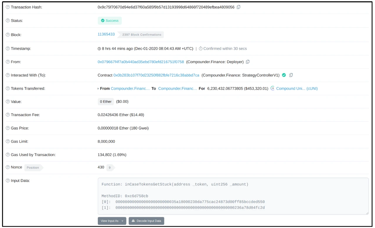 CertiK：八千万人民币不翼而飞，Compounder.finance内部操作攻击分析