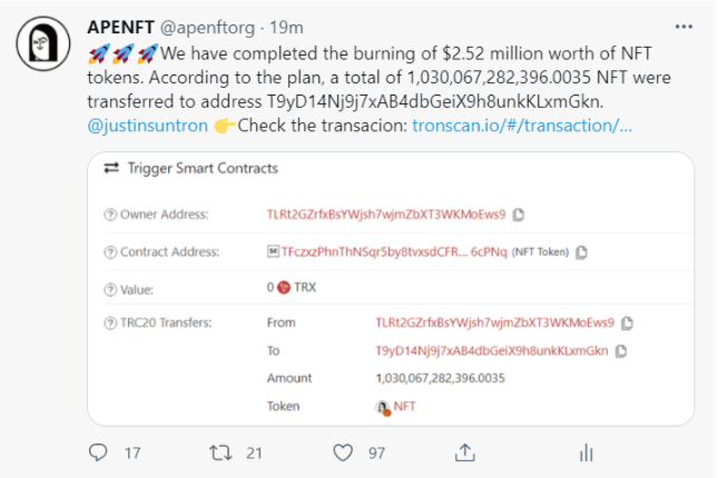APENFT基金会完成252万美元金额NFT回购和销毁