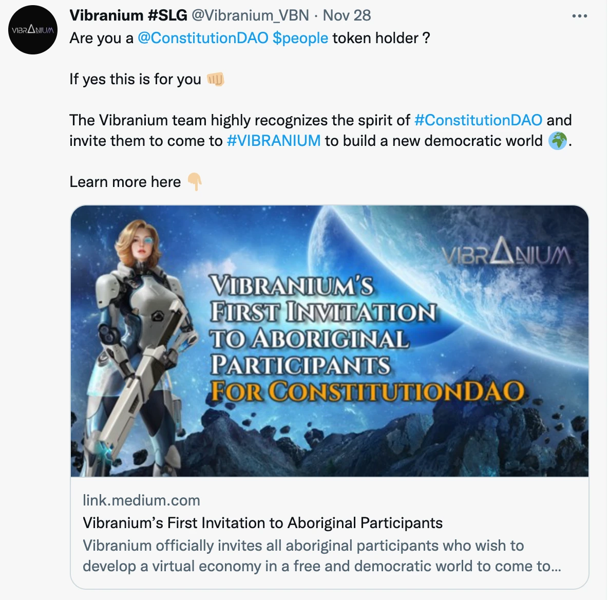 Vibranium 团队邀请「people」持有用户来 Vibranium 开展全新生活体验