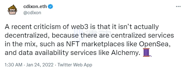 a16z合伙人：混合了中心化服务的Web3应用还算是Web3吗？