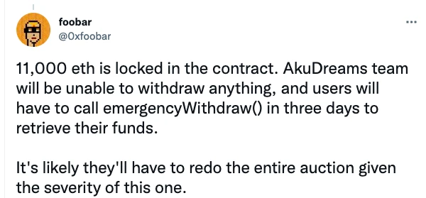 惊现低级漏洞？简析NFT项目Akutar资金锁定事件