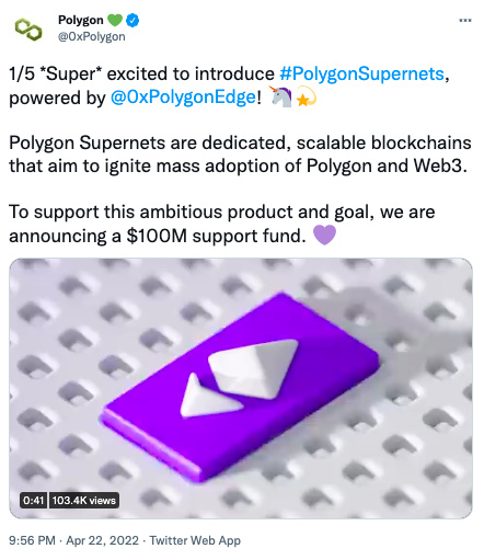 Polygon推出Web3专用网络Supernets，将提供1亿美元生态基金