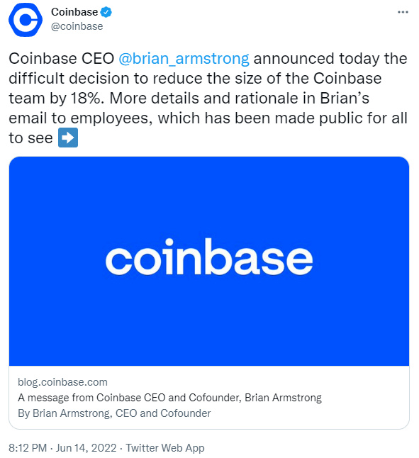 步入寒冬的Coinbase：亏损、裁员、股价暴跌