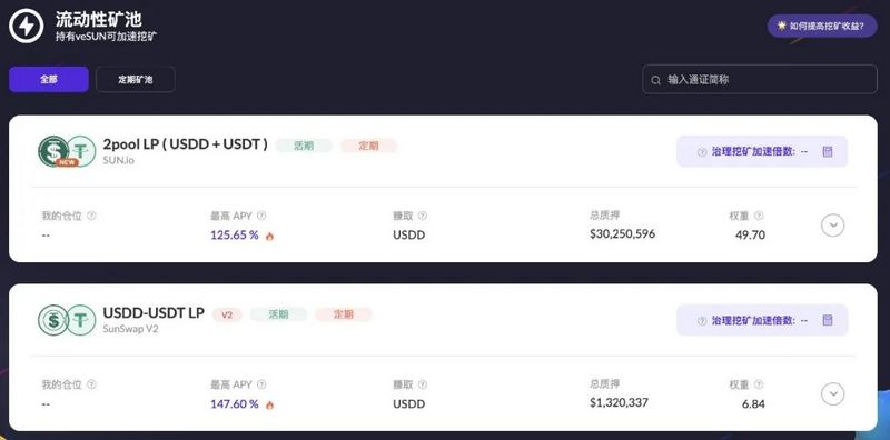 SUN平台智能矿池中的USDD-USDT LP最高APY超过147%