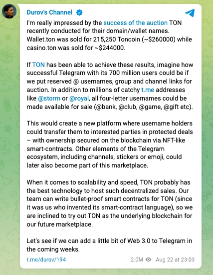 Telegram即将在TON链上推出用户名拍卖平台