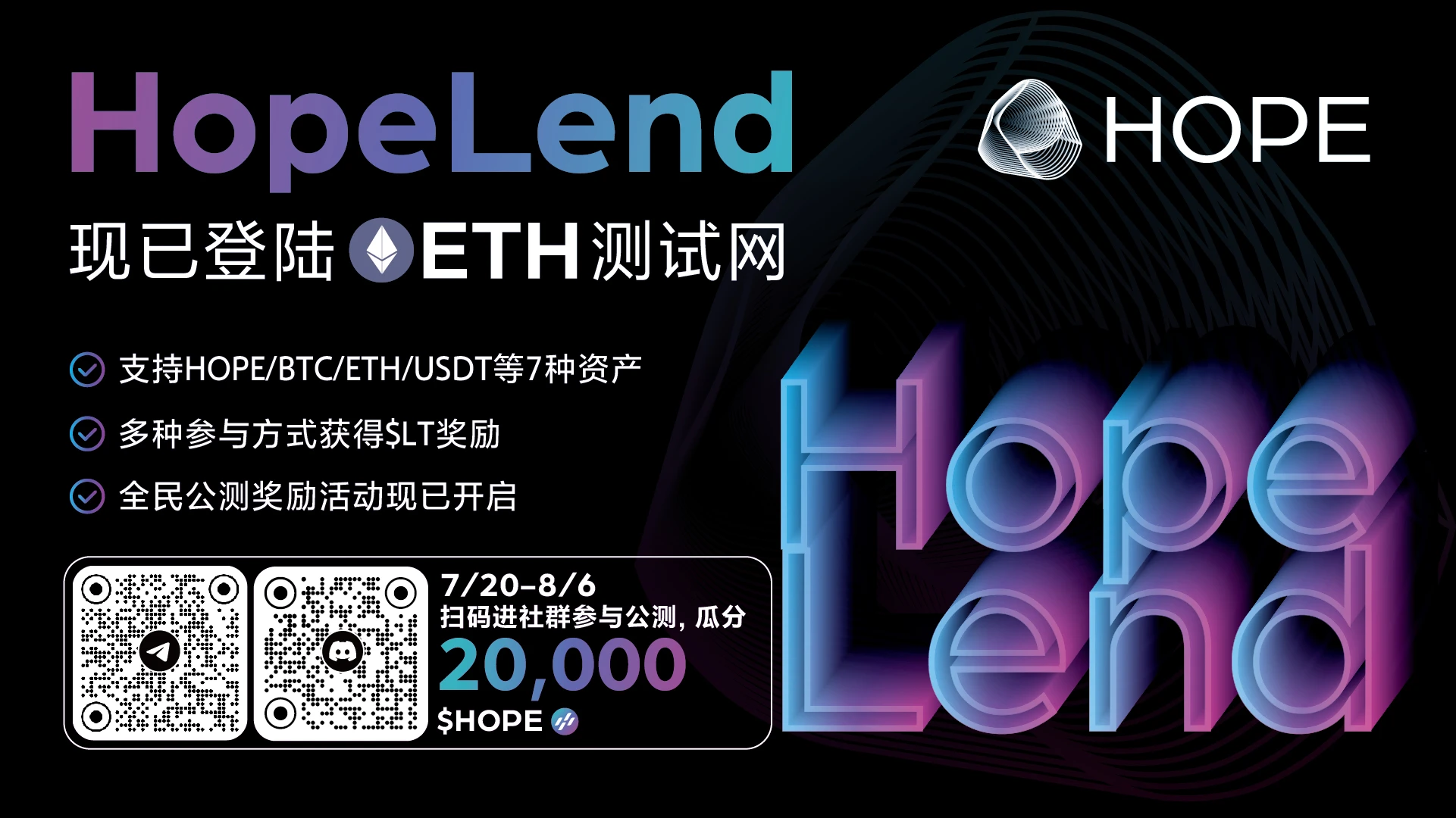 HOPE生态借贷协议HopeLend公测开启，推出20,000 $HOPE激励活动