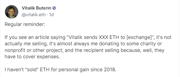 Take a look at Buterin’s personal and charity wallets: Have you ever sold ETH?