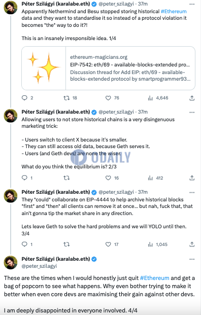 Geth开发者：Nethermind和Besu停止存储以太坊历史数据系营销伎俩，对此深感失望