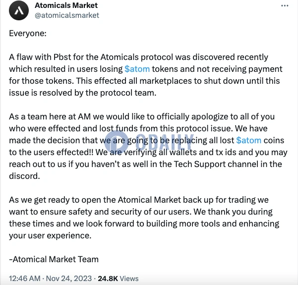 BTC生态：Atomicals协议漏洞，Atomicals Market停摆，ARC-20就此熄火？