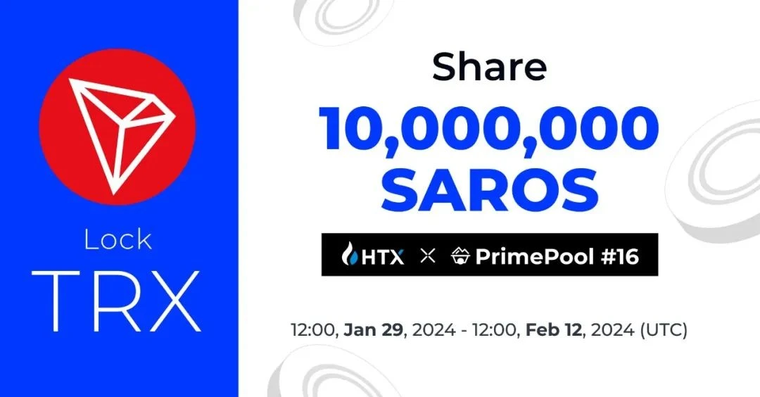 社区生态 | HTX上线新币挖矿第16期，锁仓TRX可瓜分1000万枚SAROS奖励