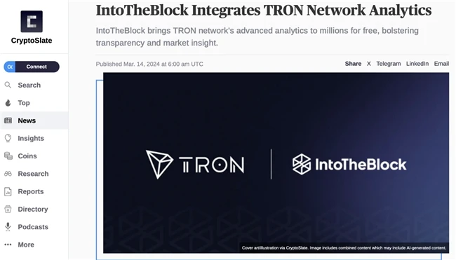 媒体报道 | 海外重要行业媒体：知名服务商IntoTheBlock现已集成波场TRON网络分析数据
