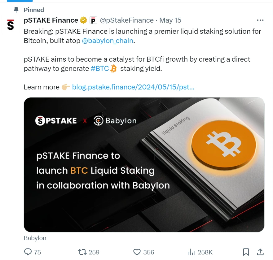 Cycle Capital: pSTAKE Finance has low market value and high circulation, and cooperates with Babylon to add a new BTC staking narrative