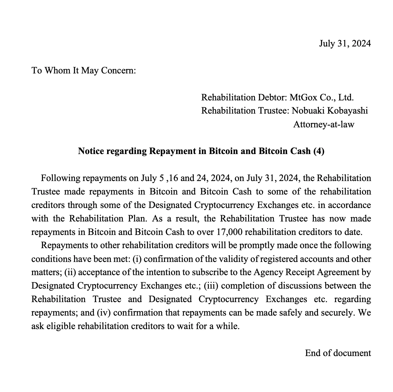 Mt.Gox has repaid 95,457 bitcoins, and all four repayments caused market declines