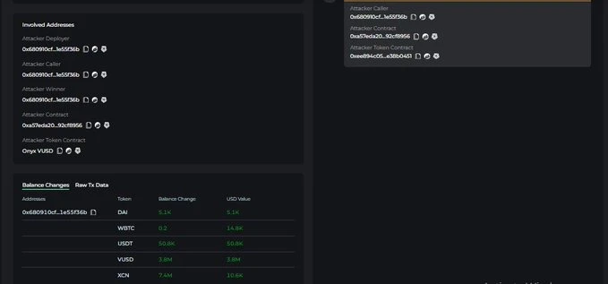 NFT liquidation contract vulnerability was hacked, Onyx Protocol stablecoin VUSD de-pegged and fell 70%