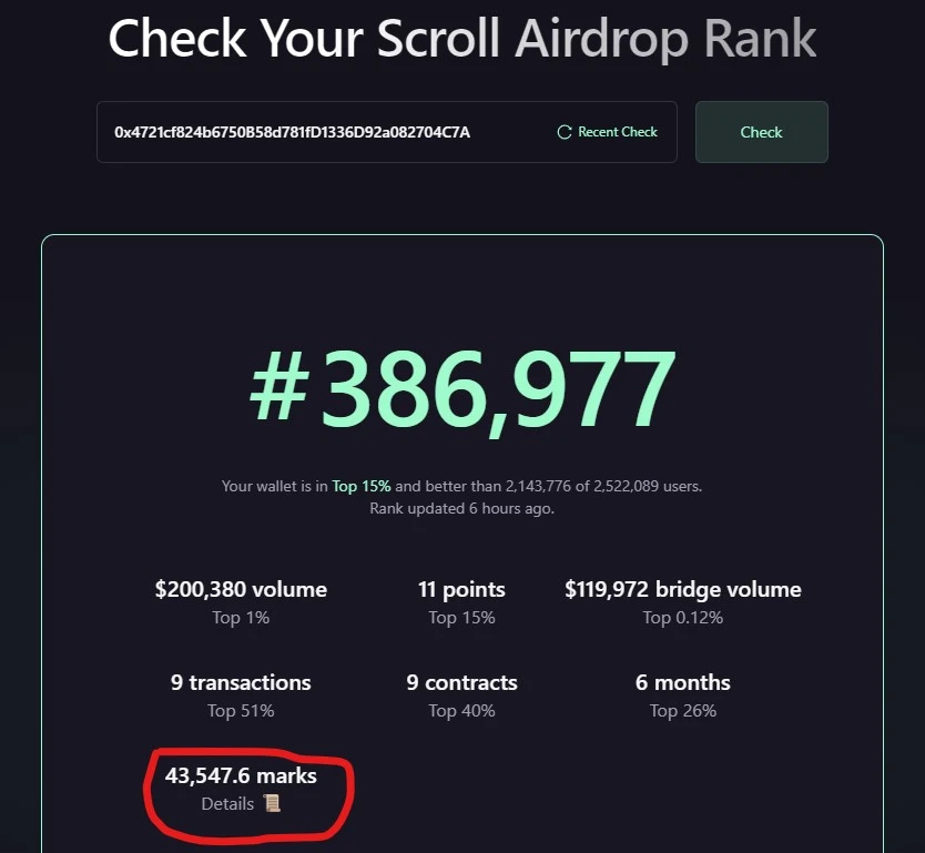 On the eve of the airdrop, how many points does the Scroll team address have?