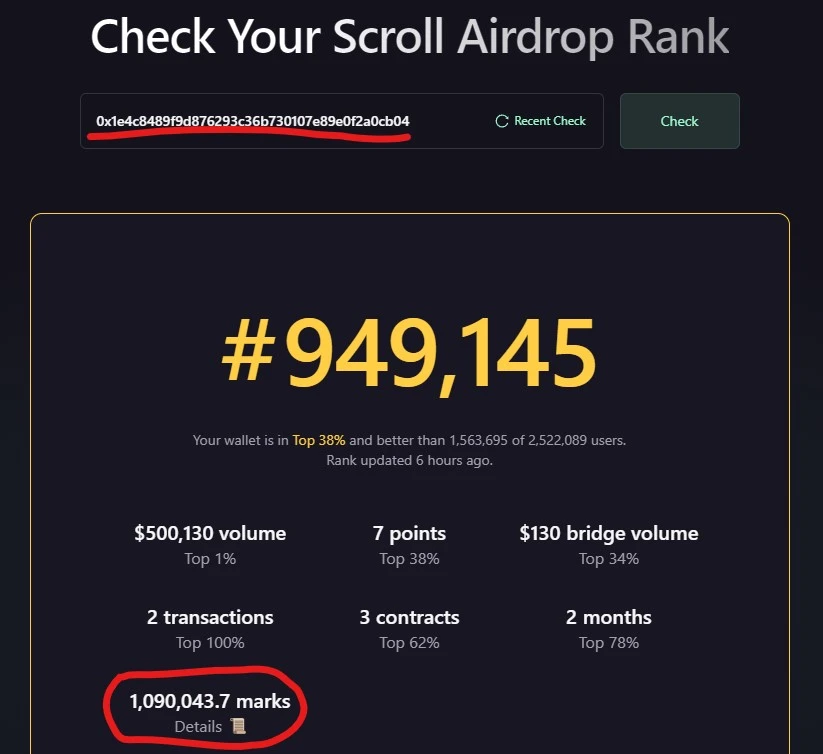 On the eve of the airdrop, how many points does the Scroll team address have?