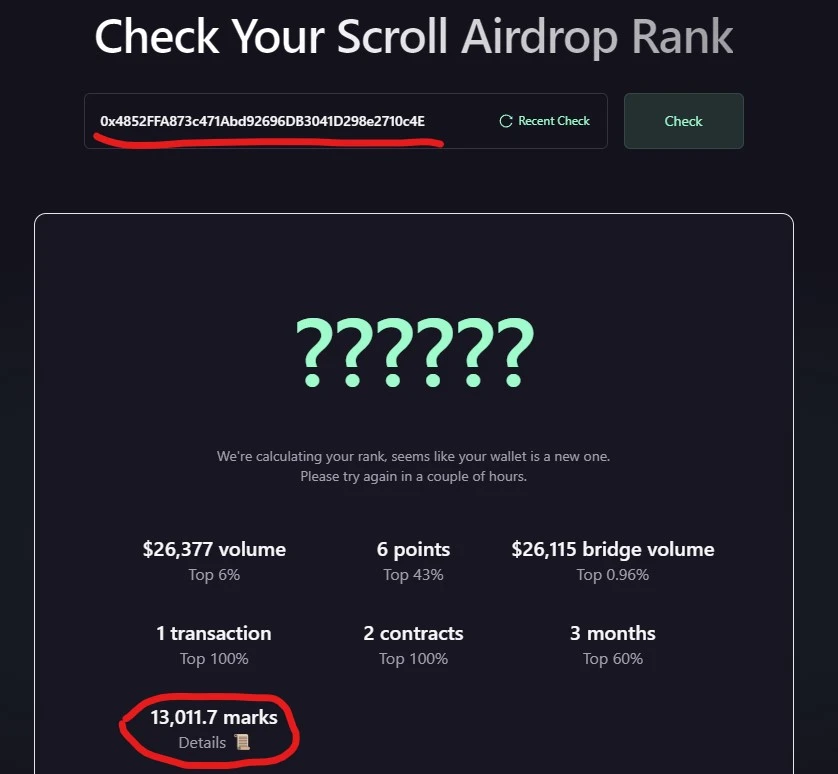 On the eve of the airdrop, how many points does the Scroll team address have?