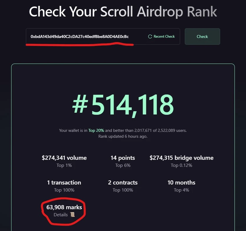 On the eve of the airdrop, how many points does the Scroll team address have?