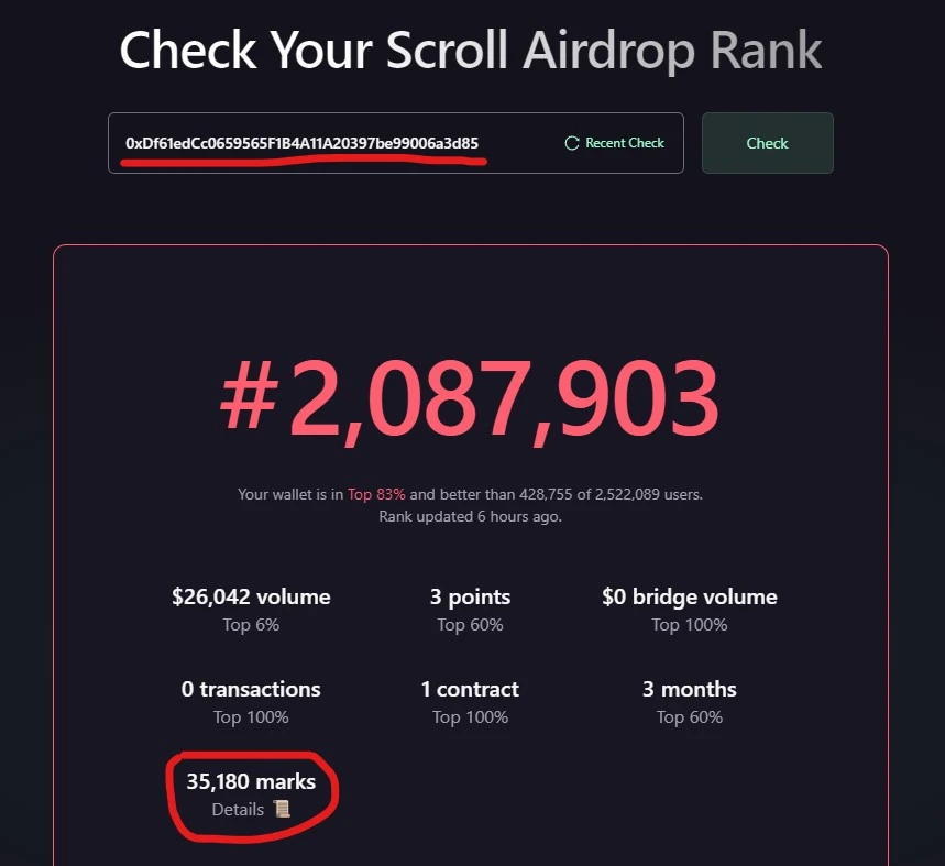 On the eve of the airdrop, how many points does the Scroll team address have?