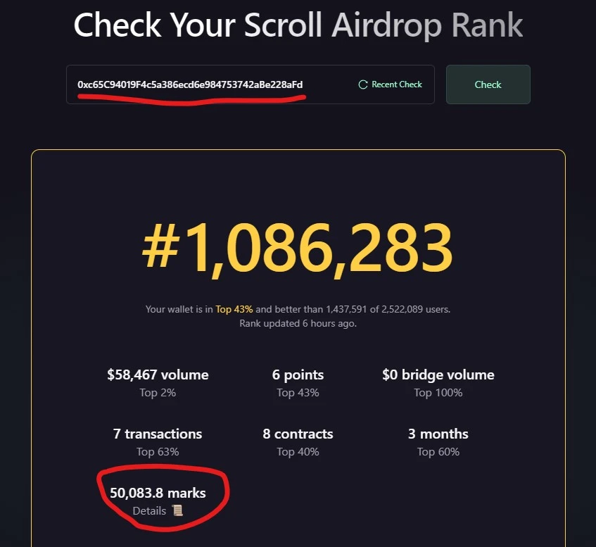 On the eve of the airdrop, how many points does the Scroll team address have?