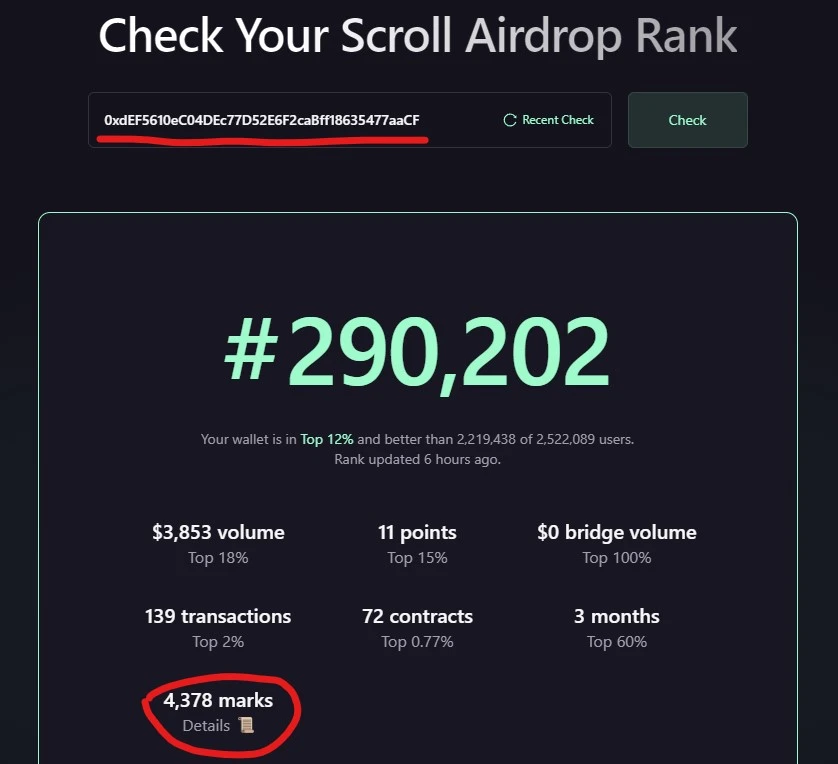 On the eve of the airdrop, how many points does the Scroll team address have?