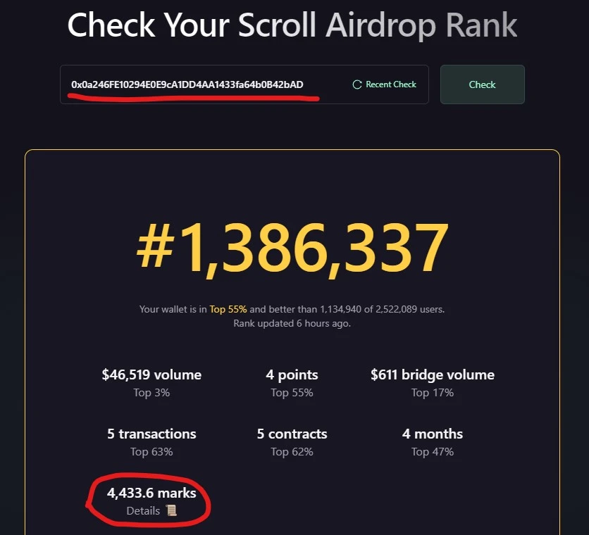 On the eve of the airdrop, how many points does the Scroll team address have?