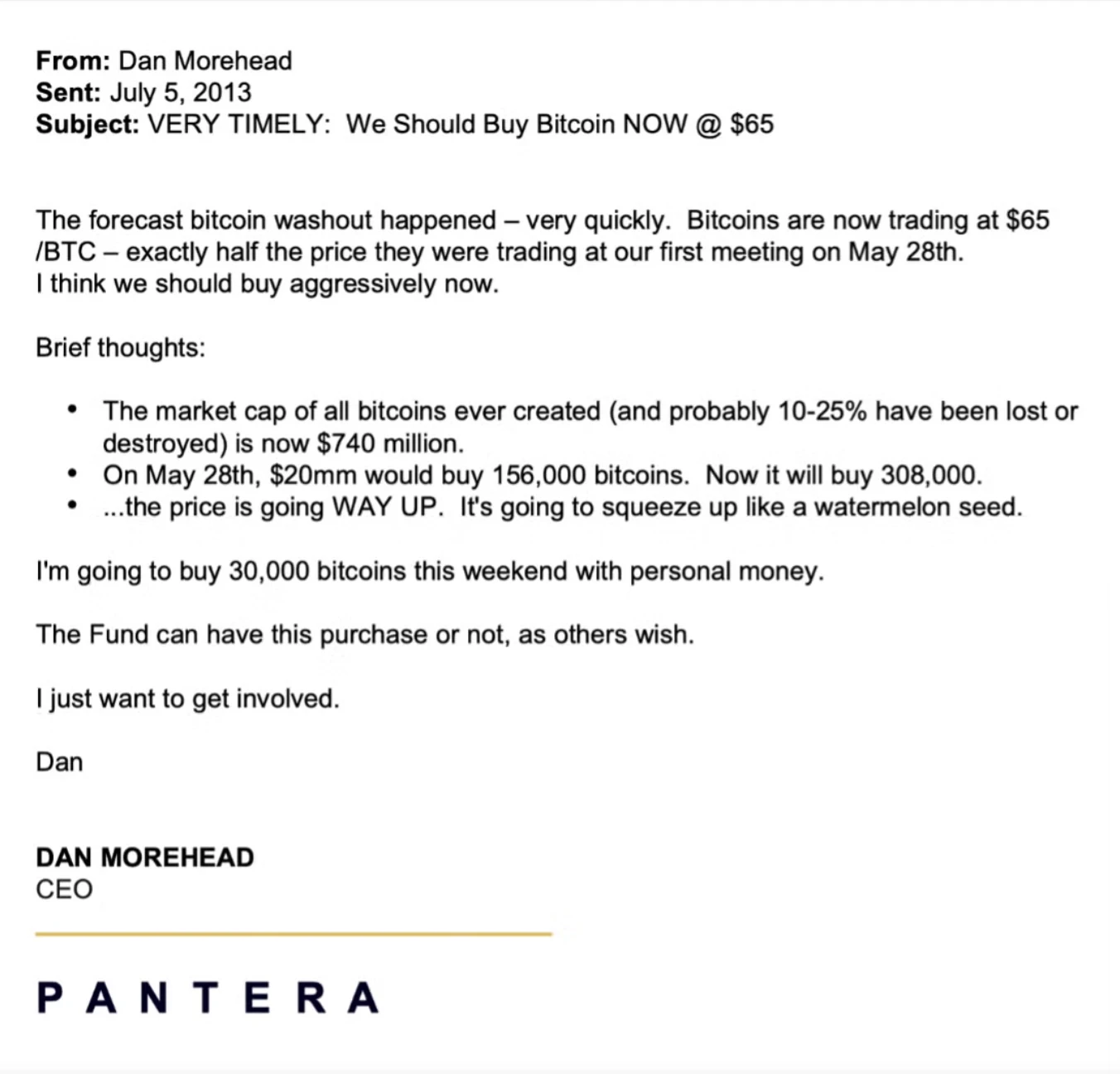 Ten years ago, Pantera bought 2% of the worlds BTC at a minimum of . What is the founder of Pantera thinking today?