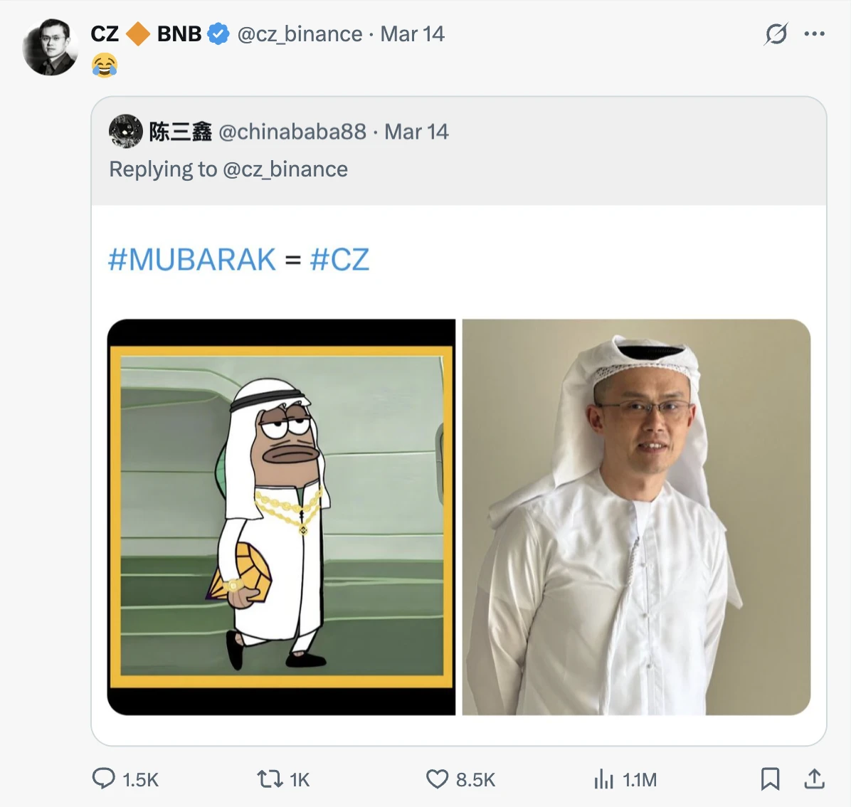 “中东”Meme风吹到了BSC，CZ概念币Mubarak狂飙突破1.4亿美元