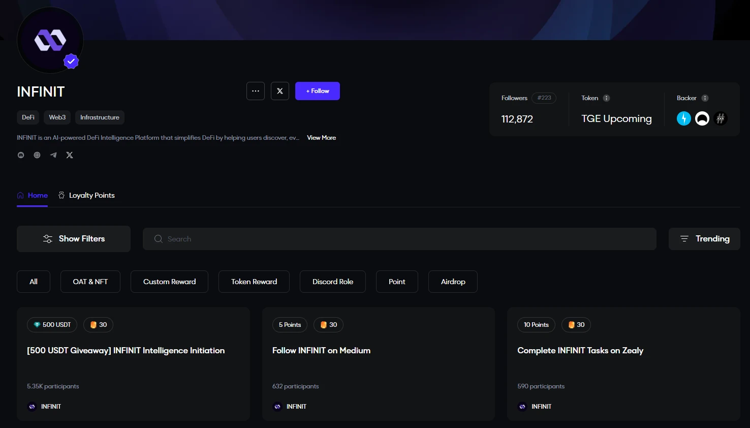 This weeks featured interactive projects: River posts to earn points, ZkCloud social tasks, Infinit collects badges