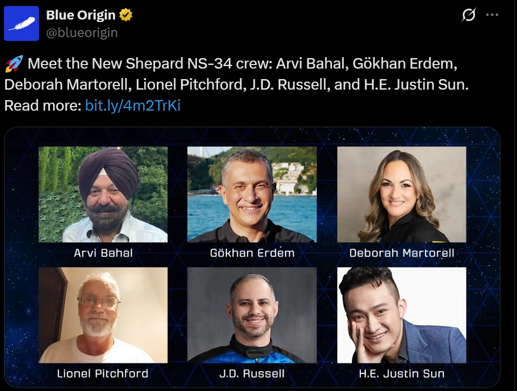 Justin Sun is expected to become the youngest Chinese astronaut, and Blue Origin announces the latest passenger list